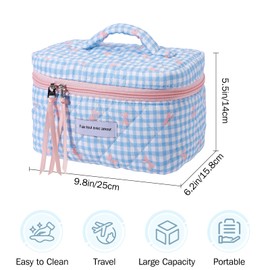senbowe Large Quilted Makeup Bag, Cotton Floral Cosmetic Bag for Women, Cute Coquette Aesthetic Makeup Bag Toiletry Bag, Travel Make Up Organizer Bag with Zipper and Ribbon