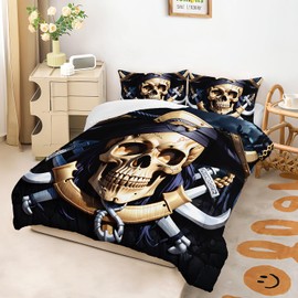 AILONEN Pirate Captain Skull Comforter Set Full Size, Nautical Pirate Style Duvet Set for Kids,Boys,Teen Bedroom Decor,Anchor Theme Bedding Set,1 Quilt + 2 Pillowcases