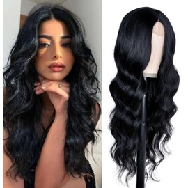 ISAMY Long Wavy Wigs for Women 26Inch Synthetic Middle Part Curly Wavy Natural Looking Synthetic Wig for Daily Part Use (Black)