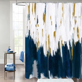 MitoVilla Extra Long Abstract Shower Curtain 72 x 84, Navy Blue 84 inch Brush Strokes Oil Painting Shower Curtain, XL Graffiti Ombre Fabric Shower Curtains for Modern Bathroom Decor