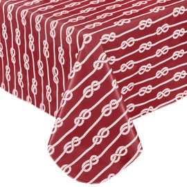 Newbridge Rectangle Vinyl Tablecloth with Flannel Backing, Red Nautical Rope Stripe, 60 x 84 Inch, Coastal Striped Indoor Outdoor Wipe Clean Picnic, BBQ and Dining Table Cover