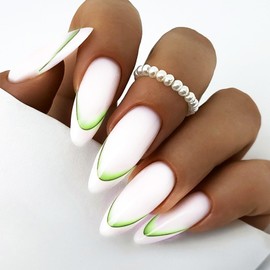 White & Green Gradient Acrylic Nails, 24 Pcs Glossy Green Ombre False Nails with French Tips, Almond Medium Size for Women Girls