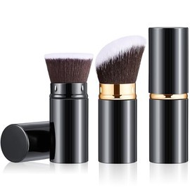 2 Brochas Retráctiles para Base en Ángulo, Brochas de Maquillaje Portátiles de Viaje con Tapa para Bronceador de Rubor, Crema de Polvo Suelto o Cosméticos Líquidos
