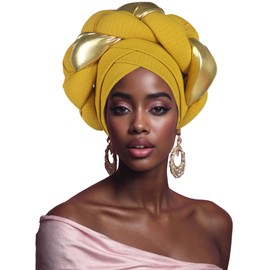 Women's African Turban Head Wrap Braid Beanie Cap Headwear Crystals Twisted Head Turbans for Women (US, Alpha, One Size, Medium, Gold)