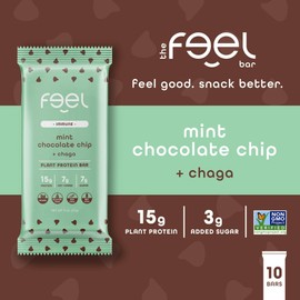 Feel Vegan Protein Bars | Mint Chocolate Chip | Keto | Gluten Free | Organic | Chaga Mushroom | 15g Plant Protein | Low Carb | High Protein | Dairy Free | Low Sugar | Grain Free | Nut Free | Soy Free