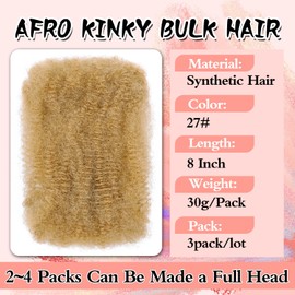 Afro Kinkys Bulk Hair for Dreadlock Extensions 3 Bundles 90g Micro Twist Repair Locs Braiding Crochet Hair Synthetic Afro Kinky Curly Braiding Hair for Black Women and Man (27#, 8inch)