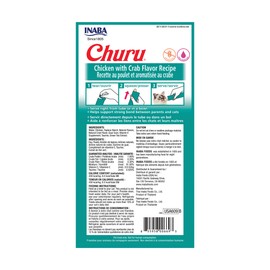 INABA Churu Cat Treats, Grain-Free, Lickable, Squeezable Creamy Purée Cat Treat/Topper with Vitamin E & Taurine, 0.5 Ounces Each Tube, 4 Tubes, Chicken with Crab Recipe