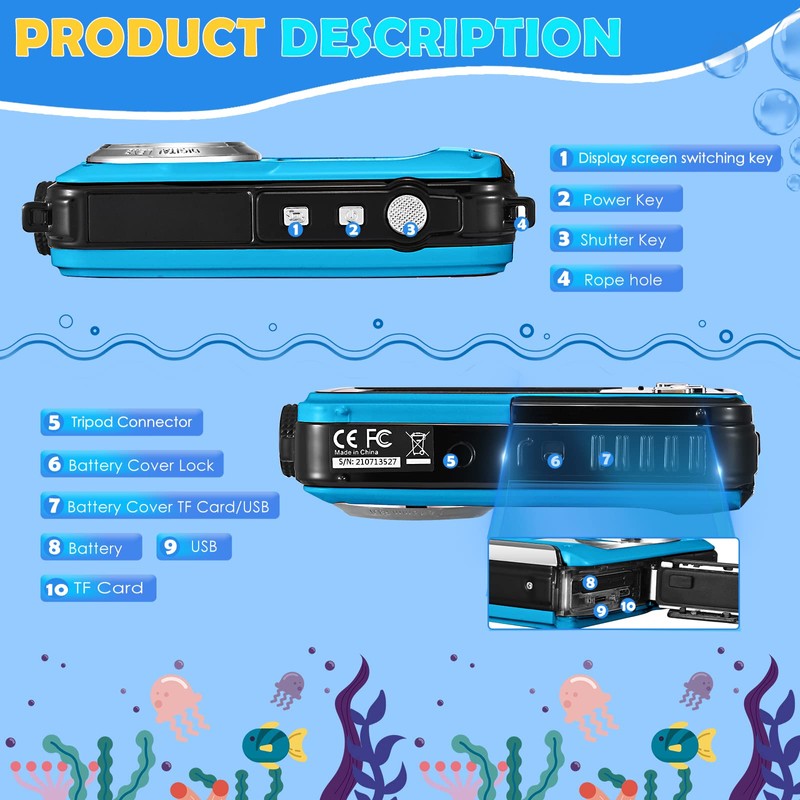 Helangel Digital Camera Waterproof Full HD 2.7K 48MP Underwater Camera