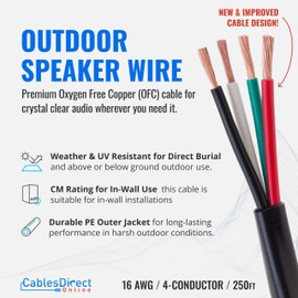 Cables Direct Online 250FT 16AWG Outdoor Speaker Cable Oxygen Free Copper 4-Conductors, Direct Burial, Weather Resistant, UV CL3 CM Rated, OFC Strands Low Voltage LED Wire, Car Audio, Pull Box