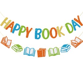Qttier Happy Book Day Banner, Book Themed Party Decorations, World Book Day Decorations, Glitter Book Party Decor, Pre-strung