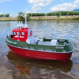 Mini RC Boat, 1/72 RC Tugboat with 2.4 GHz Remote, Two Rechargeable Batteries and LED Lights for Pools Lakes, RTR RC Boats for Adults Summer Gifts Toys (Green)