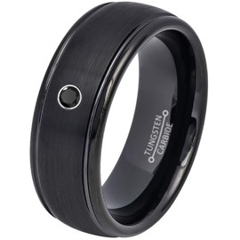 0.07ct Black Diamond Tungsten Ring - April Birthstone - 8MM Dome Black Ion-Plated Brushed Finish Center Grooved Edge Comfort Fit Unisex Wedding Anniversary Band -13