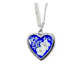 Handmade Heart Shaped Dried Pressed Forget Me Not Flower Photo Locket Pendant Necklace (Silver, White Flowers On Royal Blue)