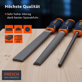 PRESCH Wood Rasp Set 3 Pieces – High Quality Wooden File Set Including Flat Blunt Rasp, Semicircular and Round Rasp – Professional Cut 2 File Set with 200 mm for Wood