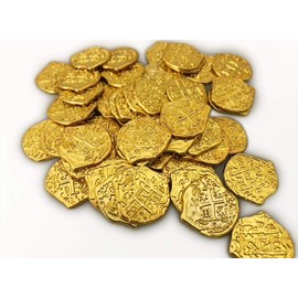 Seven Seas Pirates Coins - Shiny Gold Doubloons with Treasure Chest - Lot of 100