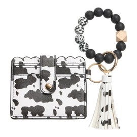 SUIKIHUM Card Holder Wallet with Silicone Beaded Bracelet, Slim PU Leather Wallet for Women, Compact and Lightweight Design for Daily Use, Black and White Leopard