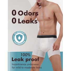 AIRCUTE Washable Absorbency Urinary Incontinence Underwear for Men Boxer Briefs for Bladder Leaks 60 ML 3 Pack (2X-Large, 3 White)