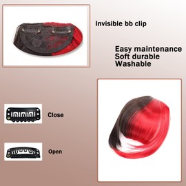 Bangs Hair Clip in Bangs, Hair Extensions Bangs French Bangs Hairpieces Clip on Air Bangs Curved Bangs for Women (French bangs, Black and red)