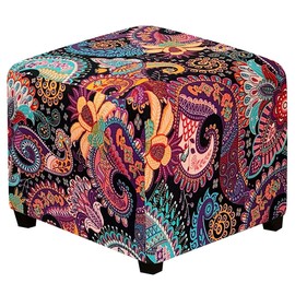 Lussenwert Ottoman Cover Square Stretch Printed Square Ottoman Cover Thick Ottoman Slipcover Square Washable Storage Ottoman Cover Foot Stool Cover with Elastic Bottom(Red, Medium)