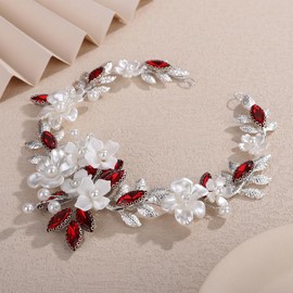 Teyglen Silver Leaf Flower Hair Vine Floral Flower Headpiece Red Crystal Bride Wedding Headband Bridal Hair Accessories for Women Silver Rhinestone Pearl Hair Piece (Red)