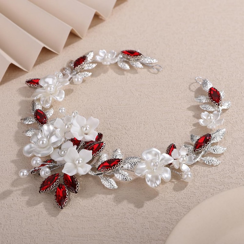 Teyglen Silver Leaf Flower Hair Vine Floral Flower Headpiece Red