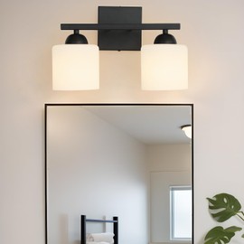 QHANTOMIZE 2-Light Matte Black Vanity Light, Modern Bathroom Light Fixtures Over Mirror, Bathroom Vanity Light with Milky White Glass Shades, Farmhous Black Wall Sconce for Bathroom, E26 Socket
