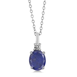 Gem Stone King 925 Sterling Silver Blue Lapis and White Diamond Pendant Necklace For Women (2.07 Cttw, Gemstone Birthstone, Oval 9X7MM, with 18 Inch Silver Chain)
