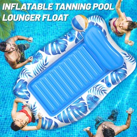 LanAqua Inflatable Tanning Pool, 2025 Large Tanning Pool Lounger Float for Adults with Removable Head Rest, Sunbathing Tanning Pool Float with Cup & Phone Holders, Blow Up Tanning Pool Bed, Blue