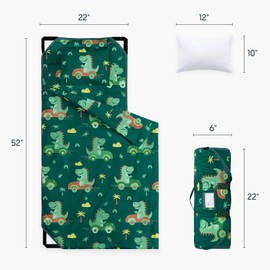 Wake In Cloud - Cot Nap Mat with Pillow and Blanket, for Toddler Kids Boys in Daycare Kindergarten Preschool Pre K with Elastic Corner Straps, Cute Dinosaur Driving Cars, Forest Green