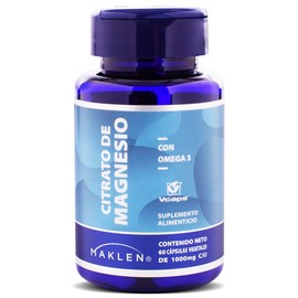 Maklen Citrato de Magnesio con Omega 3 - Apoyo al Sistema Muscular y Nervioso - 60 Capsulas Vcaps de 1,000 mg                                         