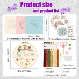 Embroidery Kit for Beginner,3 Sets Stitch Practice Kit, with Hoop and Needle Thread, Flower Cross to Learn 30 Different AdultKids Starter