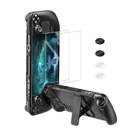 bibuks Steam Deck Protective Case with Kickstand, Non-Slip Skin, 2 Screen Protectors, 4 Thumb Grips (Black)