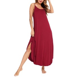 SWOMOG Women Long Nightgown Pajama Dress Soft Strap Nightdress Summer Sleeveless Nightshirt Lounge Dress with Pockets Wine Red X-Large
