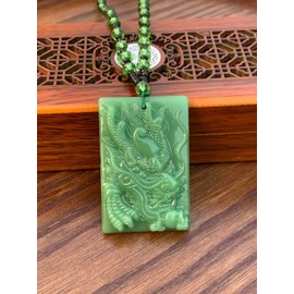 Gilani Gems & Jewelry Natural Jade Dragon Necklace, Handcarved on AAA+ Quality Jade, Symbolizes Good Luck, Power, Wealth - Fengshui, Meditation, Yoga (Dark Green)