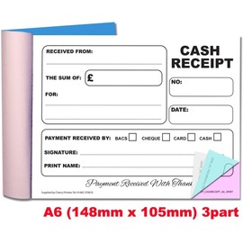 Cherry Carbonless (NCR) Cash Receipt Triplicate A6 50 Sets Perfect for Self Employed and Small Businesses **4 Pack**