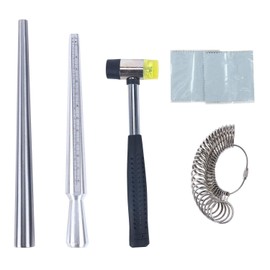 Jewelry Ring Mandrel Sizer Gauge Tools Set, Stainless Steel Ring Mandrel Rubber Hammer Measuring Stick Ring Size Gauge, 27 pcs Ring Sizer Gauge Circle Models and 2 pcs Cleaning Cloth (6 pcs)