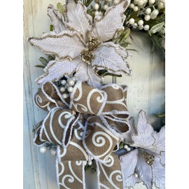 22"-24" Round Front Door Christmas Wreath with Cream Berries, Glittered Mistletoe, White Poinsettias with Gold Glitter Trim