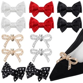 Maysing 12 Pcs Bow Shoe Clips Rhinestone Satin Bow Shoe Buckle Solid Color Decorative Clips Removable Gold Silver Accessories for Women Wedding Party Bag Accessories Charms