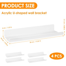 ZONJIE Wall Shelf, No Drilling, Floating Shelf, Set of 4, 30 cm Hanging Shelves, Decorative Wall Shelves for Living Room, Floating Bookcase, Kitchen Shelf, Hanging, Picture Rail for Kitchen, Bathroom