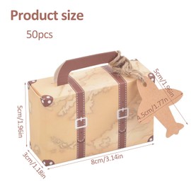 Emperoch 50 Pcs Mini Siutcase Gift Boxes, 8x5x3cm Mini Siutcase Favor Box, Vintage Kraft Paper Party Favor Candy Box with Kraft Tags and Burlap Twine for Wedding Travel Themed Party Bridal Shower Birthday Baby Shower Decoration (C)