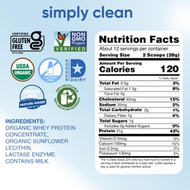 Simply tera's Lactose Free Organic Whey Protein Powder Unsweetened - Unflavored & Plain Whey, 21g of Protein Per Serving, Non-GMO, Gluten-Free, rBGH-Free, Kosher, Organic - 12 Oz