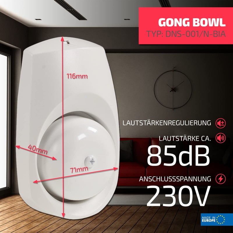 Sundi - Electromechanical wired doorbell 230 V, plastic housing, interference-free,