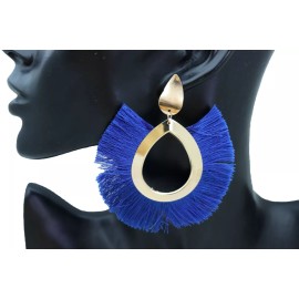 Unbranded Hot Women Earrings Set Gold Metal Stud Water Drop Cobalt Blue Fabric Tassel Glam