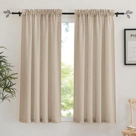 RYB HOME Farmhouse Curtains 63 inches Long - Rod Pocket Linen Blend Light Filtering Semi Sheer Window Treatment for Kithchen Bedroom Study Room, W52 X L63, Taupe, 1 Pair