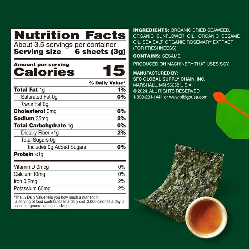 Bibigo Organic Korean BBQ Flavored Seaweed Snacks, 24 Individual Packets,