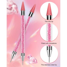 Rolybag Rhinestone Picker Tool, 2PCS Rhinestone Applicator Tool Dotting Wax Pen Dual-Ended with 4PCS Replaceable Wax Tips for DIY Nail Art Tool (Pink)