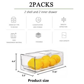 2 Pack Fruit Storage Containers for Fridge with Drain Board, Stackable Refrigerator Organizers and Storage,Reusable Food Storage Containers,Fridge Organizer Drawer for Produce,Fruit,Vegetable,BPA-Free