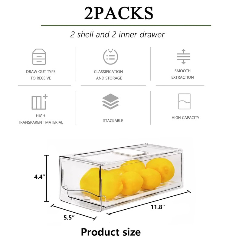 2 Pack Fruit Storage Containers for Fridge with Drain Board,