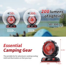 Camping LED Fan with Light, 40000mAh Rechargeable Battery Powered Outdoor Tent Fan with Light and Hook, 6 Speed, Personal USB Desk Fan for Camping, Fishing, Power Outage,Hurricane, Worksite