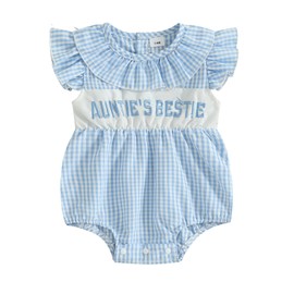 Aunties Bestie Baby Girl Clothes Aunt Saying Letter Embroidery Smocked Bubble Romper One-piece Ruffle Plaid Bodysuit (Blue, 6-12 Months)